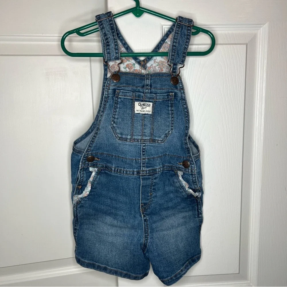 Oshkosh B'gosh Girls Denim Floral Trim Shortalls Overalls Girls Size 4T